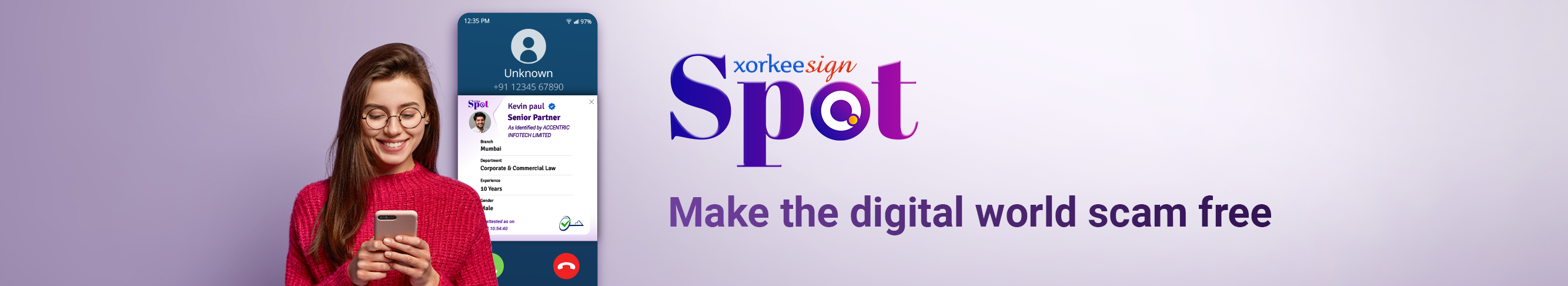 User using a phone with xorkeesign Spot interface displayed in the background showing call verfication interface. Text reads ‘Make the digital world scam free’ highlighting the use of digital signatures for secure communication. 