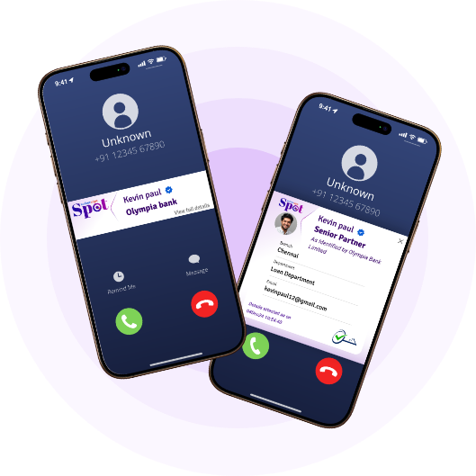 Two mobile phone screens showing xorkeesign Spot’s verification features- one with a call popup for call verfication and the other with detailed identity verification interface of the caller.