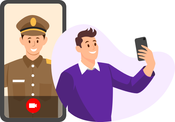 Video call interface showing police officer on mobile screen communicating with a receiver, demonstrating secure call verification through digital signature.