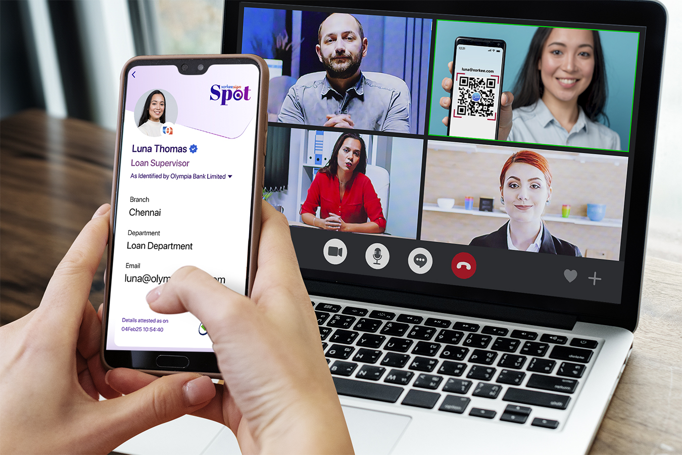 Video call interface showing police officer on mobile screen communicating with a receiver, demonstrating secure call verification through digital signature.